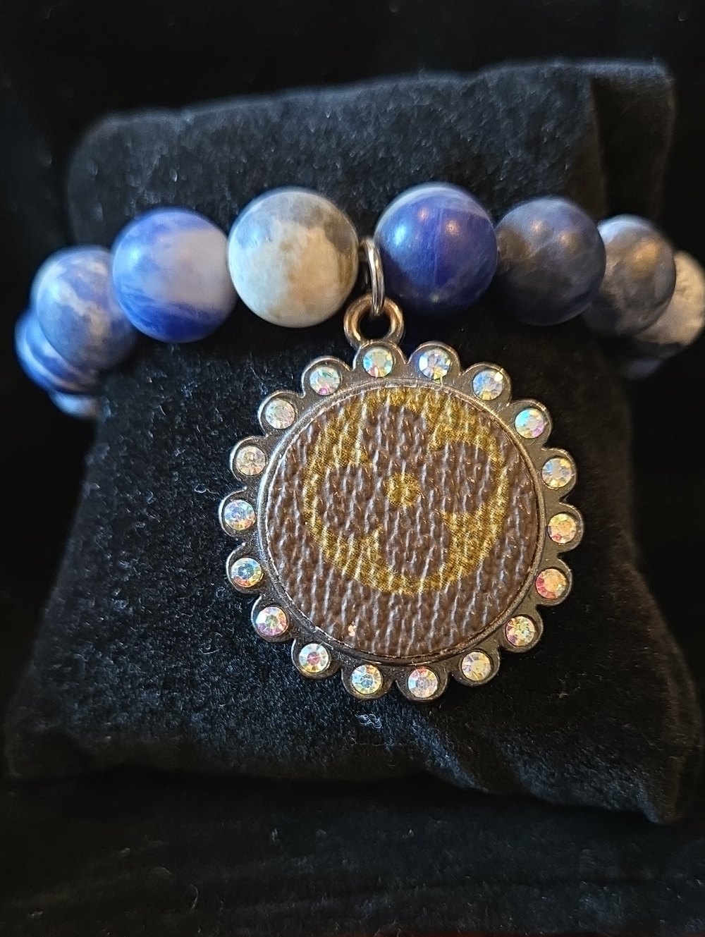 Rare Natural Blue Stone Stretch Bracelet w/ Iconic Upcycled Charm